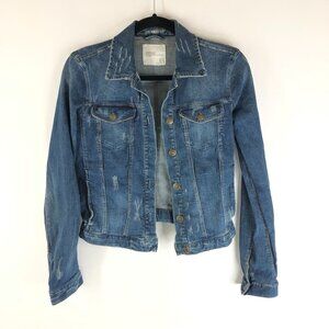 Zara Trafaluc Womens Denim Jacket Distressed Retro Trucker Medium Wash XS